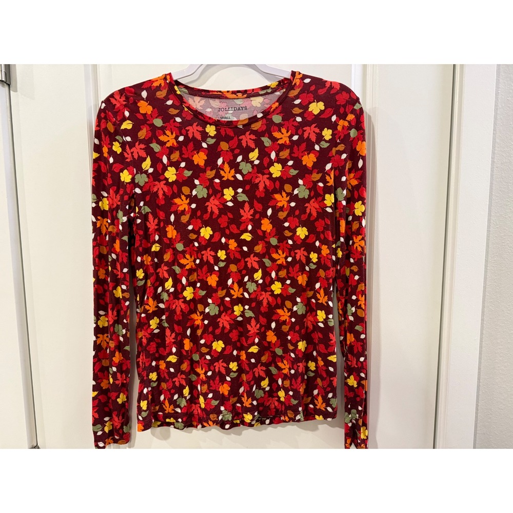 Jollidays Womens Small Fall Autumn Leaf Print Long Sleeve Crew Neck Top Burgundy